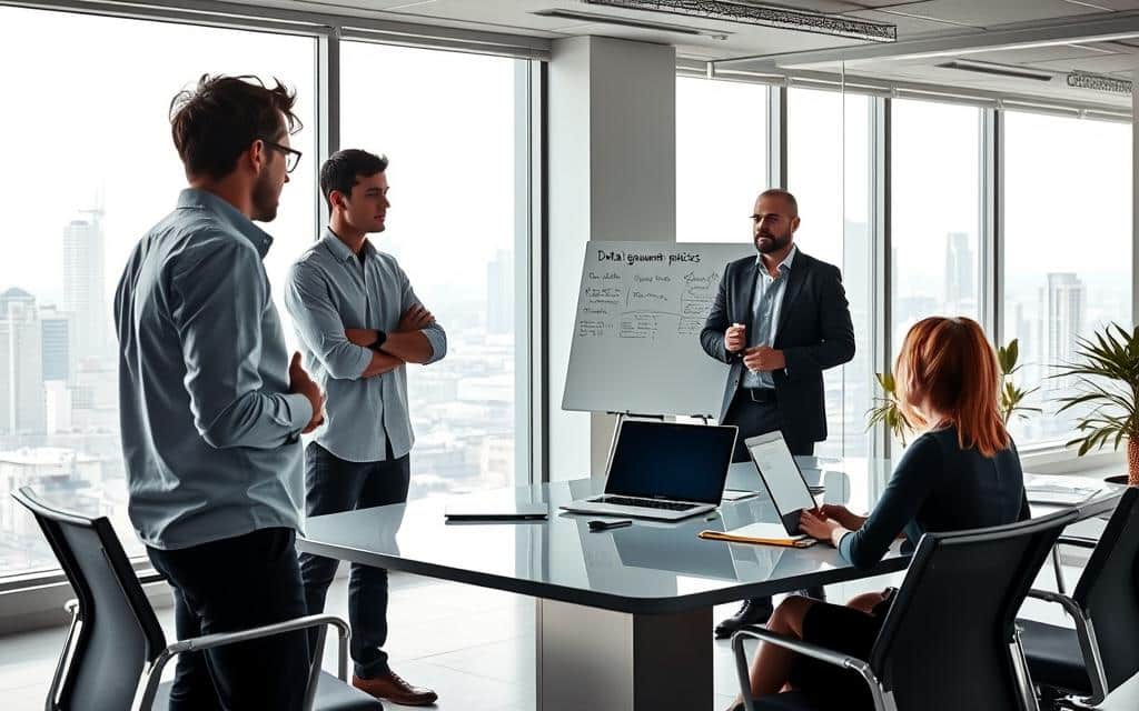 A brightly lit office setting, with clean lines and minimalist decor. In the foreground, three data stewards are engaged in a collaborative discussion, their body language conveying thoughtful concentration. One steward stands at a whiteboard, marker in hand, explaining data governance policies to the others. The middle ground features a sleek conference table, with laptops and notepads suggesting an active workspace. In the background, large windows offer a view of a bustling city skyline, reflecting the dynamic nature of the data stewardship role. The overall mood is one of professionalism, authority, and a focus on the responsible management of valuable information assets. A brightly lit office setting, with clean lines and minimalist decor. In the foreground, three data stewards are engaged in a collaborative discussion, their body language conveying thoughtful concentration. One steward stands at a whiteboard, marker in hand, explaining data governance policies to the others. The middle ground features a sleek conference table, with laptops and notepads suggesting an active workspace. In the background, large windows offer a view of a bustling city skyline, reflecting the dynamic nature of the data stewardship role. The overall mood is one of professionalism, authority, and a focus on the responsible management of valuable information assets.