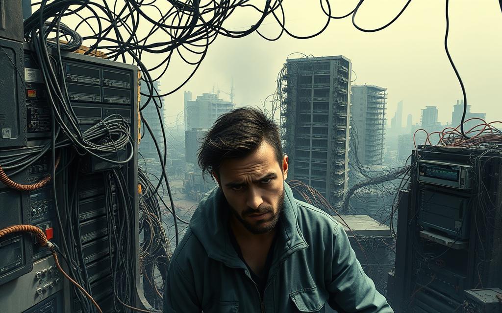 A complex data integration landscape with tangled wires, servers, and databases clashing against one another. In the foreground, a frustrated data analyst struggles to reconcile disparate data sources, their expression conveying the challenge of connecting siloed information. The middle ground features a jumble of hardware and software, representing the myriad tools and technologies required to manage modern data ecosystems. The background depicts a hazy, uncertain future, symbolizing the unpredictable nature of technological change and the need for adaptable data integration strategies. Harsh lighting casts dramatic shadows, heightening the sense of tension and difficulty. The overall scene communicates the inherent complexities of combining business intelligence and data management in a rapidly evolving digital landscape.