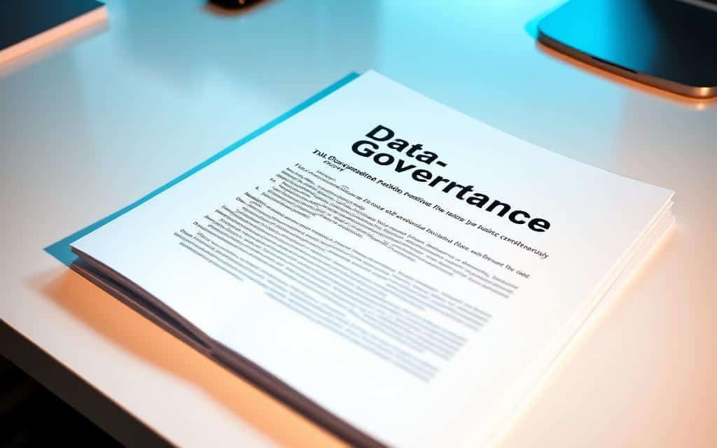 A crisp, professionally-bound document laid on a clean, well-lit desk. The pages are organized in a clear, structured layout, with section headings and bullet points. The cover page displays the title "Data Governance Policy" in a bold, modern font. Soft, directional lighting casts subtle shadows, emphasizing the document's tangibility. The background is a neutral, uncluttered space, allowing the policy document to be the central focus. The overall mood is one of authority, clarity, and attention to detail - reflecting the importance of a well-crafted data governance policy. A crisp, professionally-bound document laid on a clean, well-lit desk. The pages are organized in a clear, structured layout, with section headings and bullet points. The cover page displays the title "Data Governance Policy" in a bold, modern font. Soft, directional lighting casts subtle shadows, emphasizing the document's tangibility. The background is a neutral, uncluttered space, allowing the policy document to be the central focus. The overall mood is one of authority, clarity, and attention to detail - reflecting the importance of a well-crafted data governance policy.