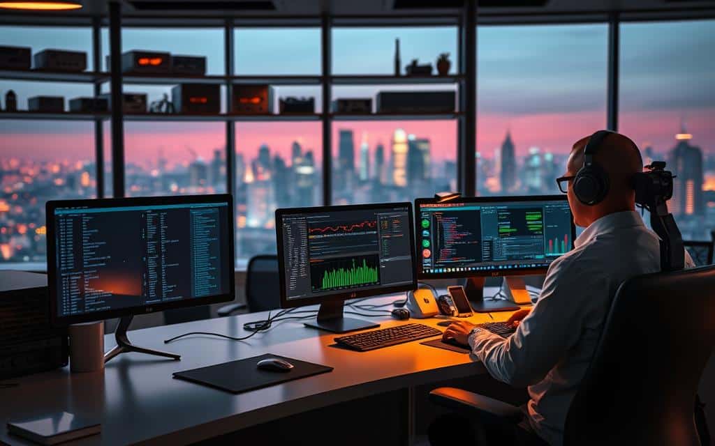 A cybersecurity-themed office scene with a database administrator monitoring data security and performance metrics on multiple computer screens. In the foreground, a sleek, well-lit desk with a high-end workstation, warm task lighting, and a minimalist aesthetic. In the middle ground, shelves displaying various storage and networking hardware, hinting at the administrator's technical expertise. The background features a panoramic window overlooking a bustling city skyline, suggesting the importance of the administrator's role in the organization. The overall mood is one of focus, professionalism, and the critical nature of safeguarding sensitive data.