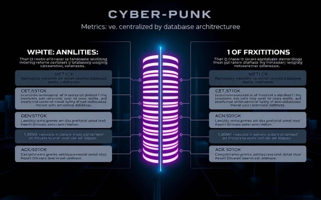 A detailed visual comparison of the key metrics and characteristics that distinguish centralized and decentralized database architectures. Sleek infographic-style layout with clean lines, precise icons, and minimalist color palette. Prominent central division visually separating the two database paradigms, with relevant technical details and performance statistics neatly organized on either side. Subtle ambient lighting and slightly tilted camera angle convey a sense of balance, objectivity and professionalism. The overall aesthetic is informative, data-driven and visually engaging, suitable for an authoritative article on the subject. A detailed visual comparison of the key metrics and characteristics that distinguish centralized and decentralized database architectures. Sleek infographic-style layout with clean lines, precise icons, and minimalist color palette. Prominent central division visually separating the two database paradigms, with relevant technical details and performance statistics neatly organized on either side. Subtle ambient lighting and slightly tilted camera angle convey a sense of balance, objectivity and professionalism. The overall aesthetic is informative, data-driven and visually engaging, suitable for an authoritative article on the subject.