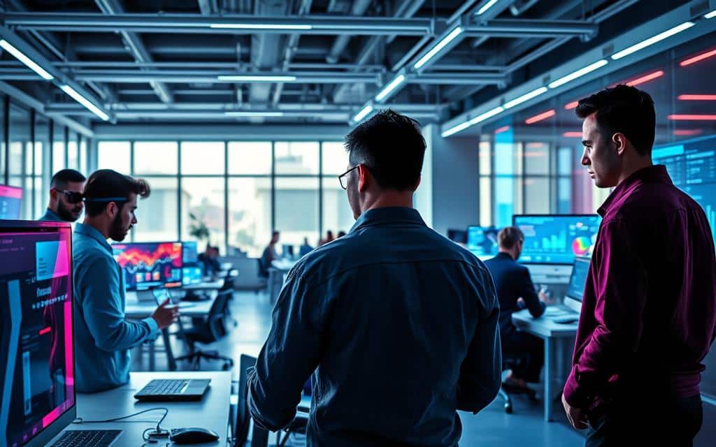 A dynamic, data-centric workspace with clean lines, vibrant colors, and intuitive visualizations. In the foreground, a team of professionals analyze real-time insights on sleek, high-resolution displays. The middle ground features collaborative workstations, fostering open dialogue and knowledge sharing. In the background, a modern, minimalist office setting with abundant natural light, reflecting an organizational culture that values data-driven decision making. Subtle, pervasive technology seamlessly integrates with the environment, empowering employees to unlock the power of information. The overall atmosphere conveys a sense of innovation, efficiency, and a shared commitment to leveraging data as a strategic asset. A dynamic, data-centric workspace with clean lines, vibrant colors, and intuitive visualizations. In the foreground, a team of professionals analyze real-time insights on sleek, high-resolution displays. The middle ground features collaborative workstations, fostering open dialogue and knowledge sharing. In the background, a modern, minimalist office setting with abundant natural light, reflecting an organizational culture that values data-driven decision making. Subtle, pervasive technology seamlessly integrates with the environment, empowering employees to unlock the power of information. The overall atmosphere conveys a sense of innovation, efficiency, and a shared commitment to leveraging data as a strategic asset.