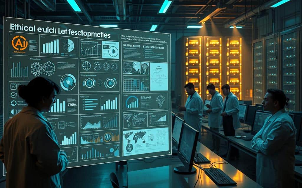 A high-tech laboratory, dimly lit with a warm glow. In the foreground, a sleek, transparent display showcases various data visualizations, graphs, and ethical guidelines for AI development. Surrounding it, a team of researchers in lab coats scrutinize the information, engaged in deep discussion. The middle ground features rows of advanced computer workstations, where AI algorithms are being tested for fairness and bias. In the background, a towering bank of servers hums with the power of machine learning, casting an ethereal light across the scene. The atmosphere is one of focused intensity, as the team strives to ensure responsible AI practices that uphold ethical principles. A high-tech laboratory, dimly lit with a warm glow. In the foreground, a sleek, transparent display showcases various data visualizations, graphs, and ethical guidelines for AI development. Surrounding it, a team of researchers in lab coats scrutinize the information, engaged in deep discussion. The middle ground features rows of advanced computer workstations, where AI algorithms are being tested for fairness and bias. In the background, a towering bank of servers hums with the power of machine learning, casting an ethereal light across the scene. The atmosphere is one of focused intensity, as the team strives to ensure responsible AI practices that uphold ethical principles.