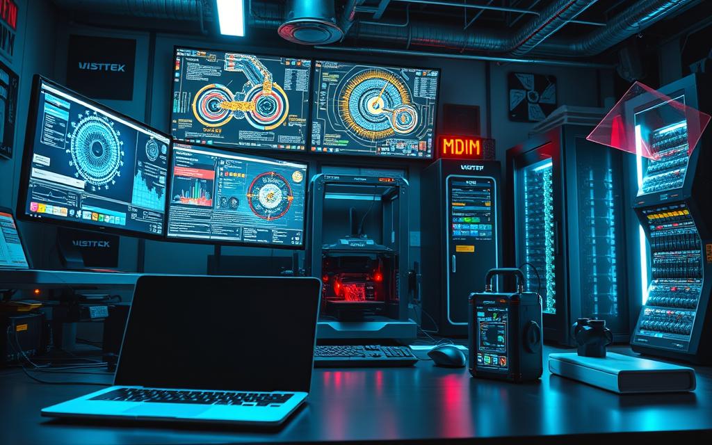 A high-tech workspace showcasing an array of essential MDM tools and technologies. In the foreground, a sleek laptop and a state-of-the-art data integration platform command attention. Overhead, a trio of large monitors display intricate data visualizations, while a 3D printer and an advanced analytics software suite occupy the middle ground. In the background, a server rack hums with the processing power required to power these cutting-edge MDM solutions. The scene is bathed in a cool, blue-tinted lighting, creating a sense of order and precision, befitting the critical nature of master data management. A high-tech workspace showcasing an array of essential MDM tools and technologies. In the foreground, a sleek laptop and a state-of-the-art data integration platform command attention. Overhead, a trio of large monitors display intricate data visualizations, while a 3D printer and an advanced analytics software suite occupy the middle ground. In the background, a server rack hums with the processing power required to power these cutting-edge MDM solutions. The scene is bathed in a cool, blue-tinted lighting, creating a sense of order and precision, befitting the critical nature of master data management.