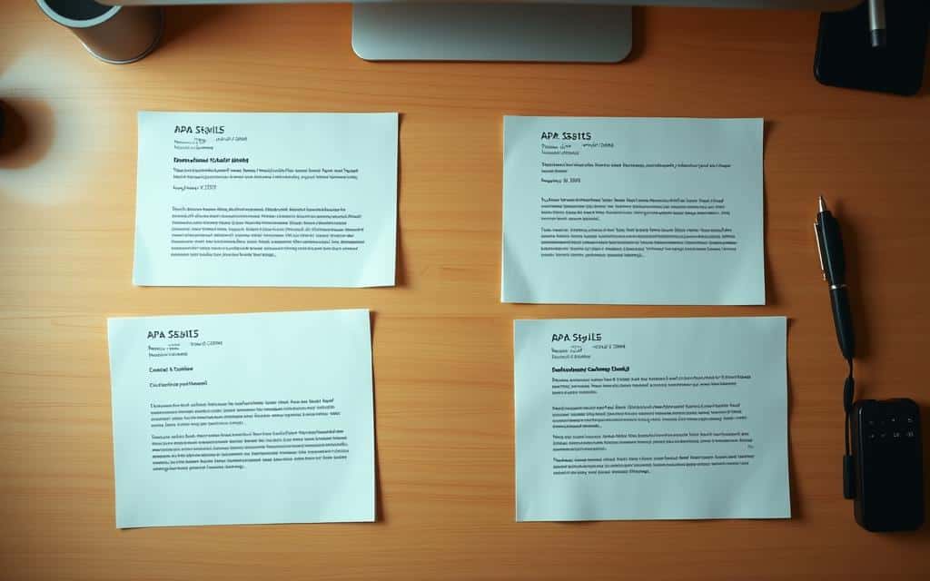 A minimalistic, clean-looking desk scene with several APA-style dataset citation examples neatly arranged on it. The desk is made of light-colored wood and has a simple, elegant design. The citations are presented on crisp, white paper, with clear formatting and legible text. Warm, indirect lighting bathes the scene, creating a professional and scholarly atmosphere. The overall composition is well-balanced, with the citations as the focal point, surrounded by a subtle, uncluttered background that doesn't distract from the main subject. The image conveys a sense of organization, attention to detail, and academic rigor, perfectly suited to illustrate the "How to Cite a Dataset in APA Style" section of the article.