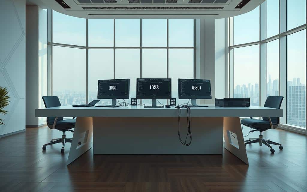 A modern, minimalist office interior with a large, central desk or table. The desk is adorned with sleek, high-tech computer hardware, neatly organized cables, and a clean, minimalist design. The background features floor-to-ceiling windows, allowing natural light to fill the space, creating a bright and airy atmosphere. The room is decorated with subtle, geometric patterns on the walls, and the floor is made of polished hardwood or a neutral-colored tile. The overall aesthetic conveys a sense of efficiency, organization, and technological sophistication, reflecting the concept of centralized data management. A modern, minimalist office interior with a large, central desk or table. The desk is adorned with sleek, high-tech computer hardware, neatly organized cables, and a clean, minimalist design. The background features floor-to-ceiling windows, allowing natural light to fill the space, creating a bright and airy atmosphere. The room is decorated with subtle, geometric patterns on the walls, and the floor is made of polished hardwood or a neutral-colored tile. The overall aesthetic conveys a sense of efficiency, organization, and technological sophistication, reflecting the concept of centralized data management.