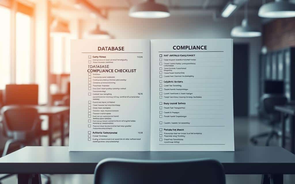 A neatly organized database compliance checklist, its pages meticulously structured against a backdrop of a modern, well-lit office space. The checklist, rendered in a clean, sans-serif font, outlines key protocols and regulations, with checkboxes and annotation sections inviting the user to methodically verify each item. Soft, diffused lighting from overhead fixtures casts a professional, authoritative atmosphere, while a minimalist desk and chair setup in the foreground suggest a dedicated workspace for the task at hand. The overall composition conveys a sense of diligence, attention to detail, and a commitment to maintaining robust database compliance. A neatly organized database compliance checklist, its pages meticulously structured against a backdrop of a modern, well-lit office space. The checklist, rendered in a clean, sans-serif font, outlines key protocols and regulations, with checkboxes and annotation sections inviting the user to methodically verify each item. Soft, diffused lighting from overhead fixtures casts a professional, authoritative atmosphere, while a minimalist desk and chair setup in the foreground suggest a dedicated workspace for the task at hand. The overall composition conveys a sense of diligence, attention to detail, and a commitment to maintaining robust database compliance.