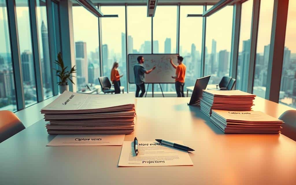 A serene and well-lit modern office space, with a large desk in the foreground. On the desk, a laptop, a pen, and stacks of neatly organized papers detailing the steps of event sourcing: "Define events", "Capture events", "Store events", "Replay events", "Handle projections". In the middle ground, several developers collaborating around a whiteboard, discussing the implementation of these steps. The background features large windows overlooking a cityscape, conveying a sense of focus and productivity. The overall atmosphere is one of thoughtful, structured, and organized software development. A serene and well-lit modern office space, with a large desk in the foreground. On the desk, a laptop, a pen, and stacks of neatly organized papers detailing the steps of event sourcing: "Define events", "Capture events", "Store events", "Replay events", "Handle projections". In the middle ground, several developers collaborating around a whiteboard, discussing the implementation of these steps. The background features large windows overlooking a cityscape, conveying a sense of focus and productivity. The overall atmosphere is one of thoughtful, structured, and organized software development.