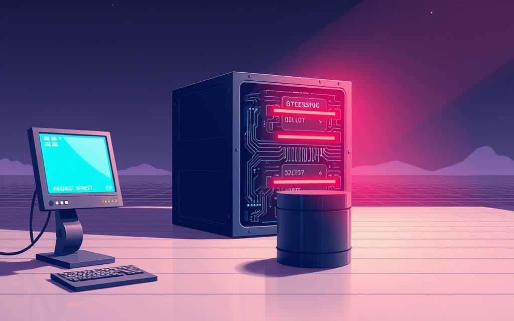 A sleek, futuristic illustration depicting the request-response cycle of a client-server database model. In the foreground, a stylized client device initiates a request, its screen glowing with digital energy. In the middle ground, a central server unit processes the request, its intricate circuitry pulsing with information. The background features a minimalist, grid-like landscape, suggesting the interconnected nature of the system. The lighting is clean and directional, casting sharp shadows and highlighting the technological details. The overall mood is one of efficiency, precision, and the seamless flow of digital communication. A sleek, futuristic illustration depicting the request-response cycle of a client-server database model. In the foreground, a stylized client device initiates a request, its screen glowing with digital energy. In the middle ground, a central server unit processes the request, its intricate circuitry pulsing with information. The background features a minimalist, grid-like landscape, suggesting the interconnected nature of the system. The lighting is clean and directional, casting sharp shadows and highlighting the technological details. The overall mood is one of efficiency, precision, and the seamless flow of digital communication.