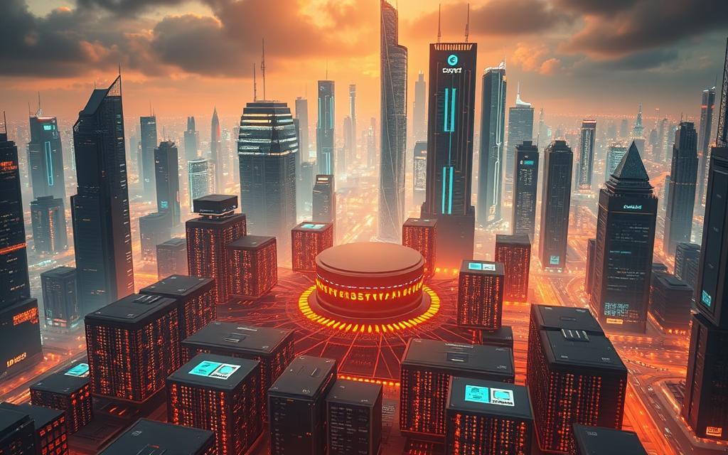 A sprawling, highly detailed e-commerce scaling architecture, showcasing a multi-tiered database system. In the foreground, a central server farm radiates outward, its blinking lights and humming fans evoking a sense of technological prowess. Surrounding it, a network of interconnected databases, each with its own specialized purpose - order processing, inventory management, customer profiles - all working in harmony. In the middle ground, sleek, minimalist user interfaces hint at the seamless user experience. The background is dominated by a towering, futuristic cityscape, its gleaming skyscrapers and bustling streets suggesting the scale and complexity of the e-commerce operation. Warm lighting casts a subtle glow, creating an atmosphere of efficiency and innovation. The overall composition conveys the power and resilience of a well-designed, multi-tiered database architecture. A sprawling, highly detailed e-commerce scaling architecture, showcasing a multi-tiered database system. In the foreground, a central server farm radiates outward, its blinking lights and humming fans evoking a sense of technological prowess. Surrounding it, a network of interconnected databases, each with its own specialized purpose - order processing, inventory management, customer profiles - all working in harmony. In the middle ground, sleek, minimalist user interfaces hint at the seamless user experience. The background is dominated by a towering, futuristic cityscape, its gleaming skyscrapers and bustling streets suggesting the scale and complexity of the e-commerce operation. Warm lighting casts a subtle glow, creating an atmosphere of efficiency and innovation. The overall composition conveys the power and resilience of a well-designed, multi-tiered database architecture.