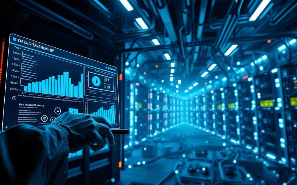 A striking and sophisticated image showcasing a data stewardship command center. In the foreground, a holographic dashboard displays real-time analytics and data health metrics, operated by the skilled hands of a data steward. The middle ground features sleek, AI-powered data management tools, their interfaces glowing with information. In the background, a complex data infrastructure pulses with activity, cables and servers weaving an intricate tapestry. The scene is bathed in a cool, futuristic lighting, conveying a sense of precision, control, and the seamless integration of human and machine. The overall atmosphere evokes the power and importance of effective data stewardship in the modern digital landscape. A striking and sophisticated image showcasing a data stewardship command center. In the foreground, a holographic dashboard displays real-time analytics and data health metrics, operated by the skilled hands of a data steward. The middle ground features sleek, AI-powered data management tools, their interfaces glowing with information. In the background, a complex data infrastructure pulses with activity, cables and servers weaving an intricate tapestry. The scene is bathed in a cool, futuristic lighting, conveying a sense of precision, control, and the seamless integration of human and machine. The overall atmosphere evokes the power and importance of effective data stewardship in the modern digital landscape.