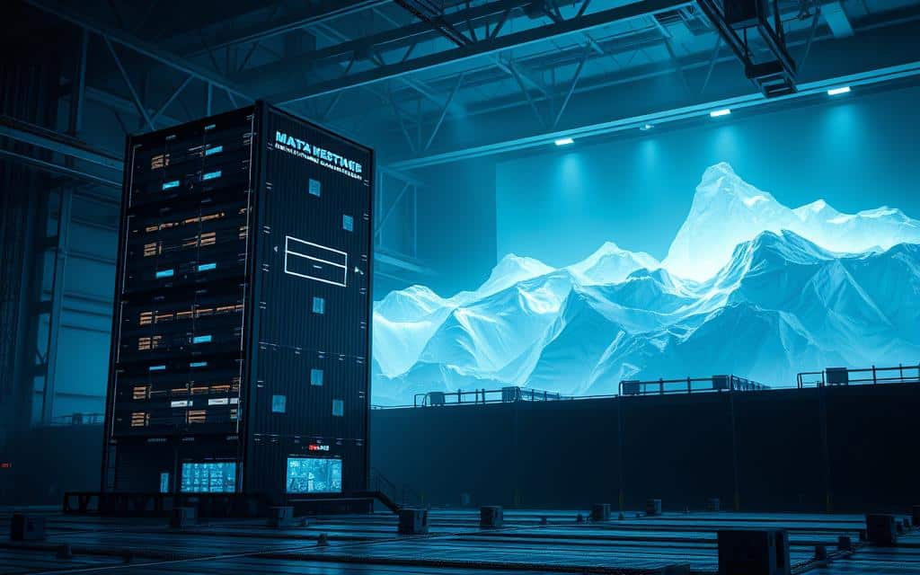 A striking data visualization showcasing the contrast between a data lake and a data warehouse. In the foreground, a sleek, modern data warehouse stands tall, its clean lines and organized structure representing the controlled, curated nature of enterprise data. In the background, a sprawling, ethereal data lake takes shape, its shapeless form and turbulent currents symbolizing the unstructured, raw, and ever-expanding nature of big data. The scene is bathed in a cool, industrial lighting, casting dramatic shadows and highlighting the architectural details of the two data storage systems. The overall composition conveys the duality and complementary roles of these two crucial data management approaches. A striking data visualization showcasing the contrast between a data lake and a data warehouse. In the foreground, a sleek, modern data warehouse stands tall, its clean lines and organized structure representing the controlled, curated nature of enterprise data. In the background, a sprawling, ethereal data lake takes shape, its shapeless form and turbulent currents symbolizing the unstructured, raw, and ever-expanding nature of big data. The scene is bathed in a cool, industrial lighting, casting dramatic shadows and highlighting the architectural details of the two data storage systems. The overall composition conveys the duality and complementary roles of these two crucial data management approaches.