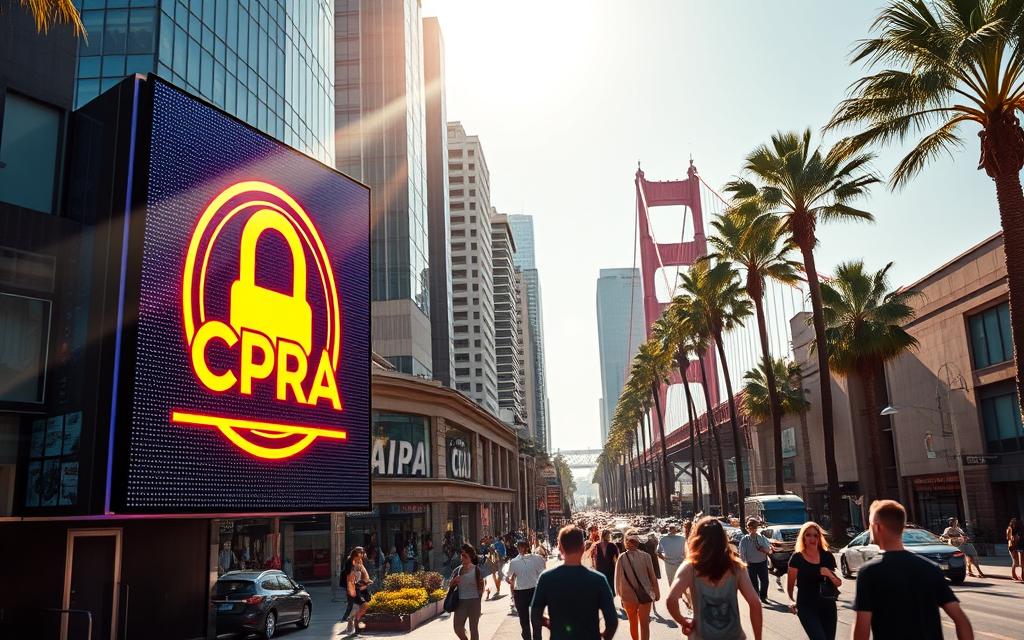 A sun-drenched Californian cityscape, with sleek skyscrapers and palm trees lining the streets. In the foreground, a digital display showcases the CPRA logo, its vibrant colors reflecting the state's commitment to consumer privacy. Rays of light filter through the windows, casting a warm glow over the scene. The middle ground features people navigating the bustling urban landscape, their movements blurred, emphasizing the fast-paced nature of modern life. In the background, the iconic Golden Gate Bridge stands tall, a symbol of California's innovative spirit. The overall composition conveys a sense of progress and technological advancement, balanced by the state's progressive privacy legislation. A sun-drenched Californian cityscape, with sleek skyscrapers and palm trees lining the streets. In the foreground, a digital display showcases the CPRA logo, its vibrant colors reflecting the state's commitment to consumer privacy. Rays of light filter through the windows, casting a warm glow over the scene. The middle ground features people navigating the bustling urban landscape, their movements blurred, emphasizing the fast-paced nature of modern life. In the background, the iconic Golden Gate Bridge stands tall, a symbol of California's innovative spirit. The overall composition conveys a sense of progress and technological advancement, balanced by the state's progressive privacy legislation.