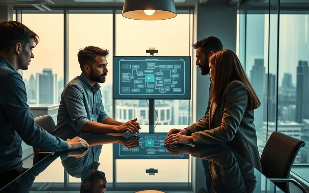 A team of diverse professionals collaborating on data governance policies in a bright, modern office. In the foreground, three individuals - a data analyst, a compliance officer, and a business stakeholder - are gathered around a glass-topped conference table, engaged in a focused discussion. Soft, indirect lighting from overhead fixtures creates a warm, collegial atmosphere. In the middle ground, a wall-mounted monitor displays a data flow diagram, highlighting the complexities of data handling processes. The background features floor-to-ceiling windows, offering a scenic view of a bustling city skyline, symbolizing the far-reaching impact of their work. The team's body language conveys a sense of teamwork, with hands gesturing and eyes locked in thoughtful exchange. A team of diverse professionals collaborating on data governance policies in a bright, modern office. In the foreground, three individuals - a data analyst, a compliance officer, and a business stakeholder - are gathered around a glass-topped conference table, engaged in a focused discussion. Soft, indirect lighting from overhead fixtures creates a warm, collegial atmosphere. In the middle ground, a wall-mounted monitor displays a data flow diagram, highlighting the complexities of data handling processes. The background features floor-to-ceiling windows, offering a scenic view of a bustling city skyline, symbolizing the far-reaching impact of their work. The team's body language conveys a sense of teamwork, with hands gesturing and eyes locked in thoughtful exchange.