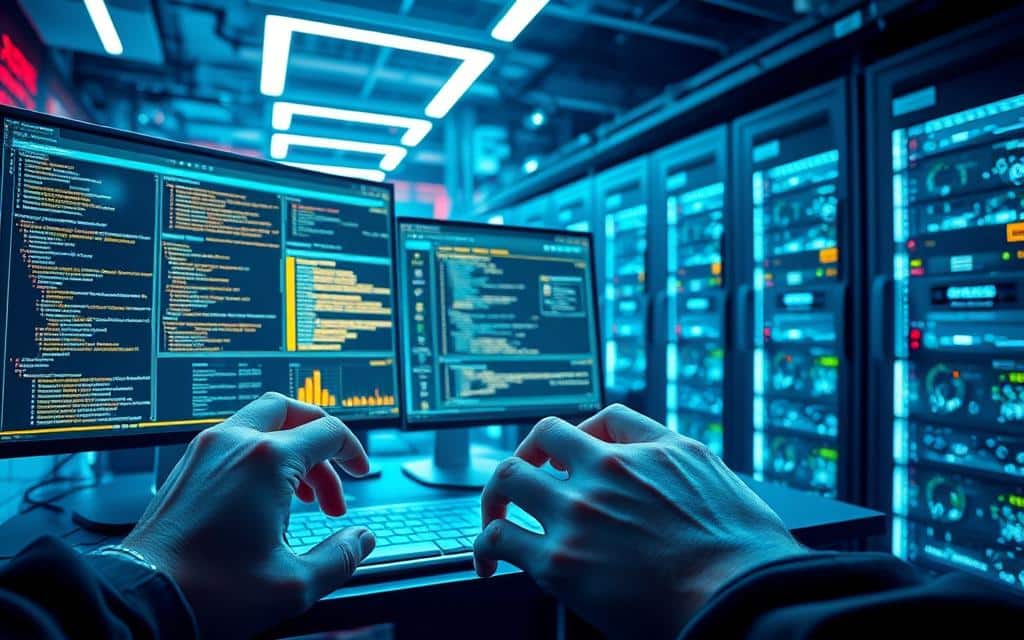 A vibrant, hyper-realistic depiction of essential skills for a successful database administrator. In the foreground, hands deftly manipulating complex database queries, SQL commands, and data visualization tools. In the middle ground, a desktop workstation with multiple screens displaying performance dashboards, backup routines, and user management interfaces. In the background, a sleek, futuristic server room with glowing lights, humming fans, and a sense of technological mastery. The scene is bathed in a cool, azure-tinted lighting, conveying a professional, cutting-edge atmosphere. The overall mood is one of technical expertise, problem-solving, and the ability to thrive in a high-stakes, data-driven environment.