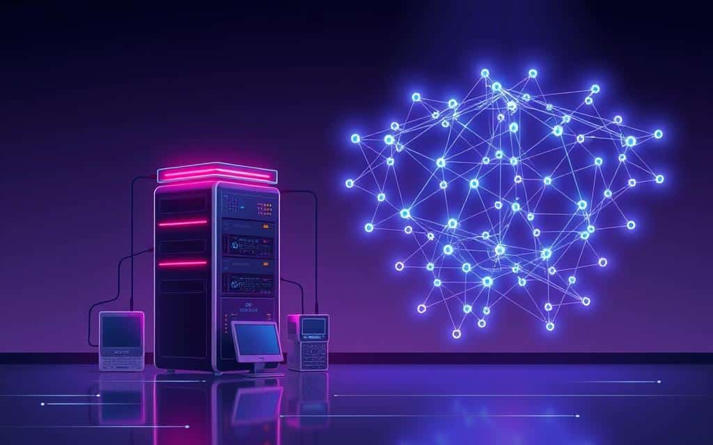 A well-lit, crisp digital illustration depicting the conceptual contrast between client-server and peer-to-peer network models. In the foreground, a client-server system is shown with a large central server flanked by smaller client devices, conveying the hierarchical, centralized nature of this architecture. In the background, a decentralized peer-to-peer network is visualized as an interconnected web of equal nodes, representing the distributed, democratic nature of this paradigm. The scene is rendered with clean, minimalist lines and a color palette that emphasizes the technical, digital aesthetic. The overall composition highlights the key differences between these two fundamental networking paradigms. A well-lit, crisp digital illustration depicting the conceptual contrast between client-server and peer-to-peer network models. In the foreground, a client-server system is shown with a large central server flanked by smaller client devices, conveying the hierarchical, centralized nature of this architecture. In the background, a decentralized peer-to-peer network is visualized as an interconnected web of equal nodes, representing the distributed, democratic nature of this paradigm. The scene is rendered with clean, minimalist lines and a color palette that emphasizes the technical, digital aesthetic. The overall composition highlights the key differences between these two fundamental networking paradigms.