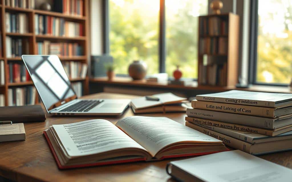 A well-lit research space with a wooden desk, a laptop, and an open notebook displaying neatly formatted citations from credible open access databases. Carefully curated reference materials, including journals and books, are arranged in the foreground, creating a sense of academic rigor. The lighting is soft and warm, casting a natural glow on the scene, evoking a contemplative and scholarly atmosphere. In the background, a bookshelf filled with relevant publications and a large window overlooking a verdant outdoor setting, symbolizing the importance of open access to research. A well-lit research space with a wooden desk, a laptop, and an open notebook displaying neatly formatted citations from credible open access databases. Carefully curated reference materials, including journals and books, are arranged in the foreground, creating a sense of academic rigor. The lighting is soft and warm, casting a natural glow on the scene, evoking a contemplative and scholarly atmosphere. In the background, a bookshelf filled with relevant publications and a large window overlooking a verdant outdoor setting, symbolizing the importance of open access to research.