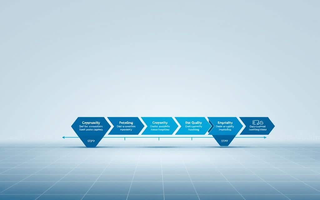 A well-structured, comprehensive data quality improvement framework set against a clean, minimalist background. In the foreground, a series of interconnected steps or phases depicted as elegant, geometric shapes in a subtle palette of blues and grays. In the middle ground, icons or symbols representing key data management principles like data governance, data stewardship, and data quality rules. In the background, a faint grid or wireframe pattern conveying the technological infrastructure supporting the framework. Lighting is soft and diffused, creating a sense of clarity and professionalism. The overall composition is balanced, with a focus on simplicity and visual harmony to best illustrate the core principles of master data management best practices. A well-structured, comprehensive data quality improvement framework set against a clean, minimalist background. In the foreground, a series of interconnected steps or phases depicted as elegant, geometric shapes in a subtle palette of blues and grays. In the middle ground, icons or symbols representing key data management principles like data governance, data stewardship, and data quality rules. In the background, a faint grid or wireframe pattern conveying the technological infrastructure supporting the framework. Lighting is soft and diffused, creating a sense of clarity and professionalism. The overall composition is balanced, with a focus on simplicity and visual harmony to best illustrate the core principles of master data management best practices.