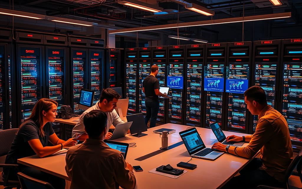 A bustling office scene, with professionals engaged in various database-driven tasks. In the foreground, a team collaborates around a sleek conference table, laptops and tablets open as they analyze visualizations of real-time data. In the middle ground, a developer codes at a standing desk, lines of SQL queries reflected in the glow of multiple high-resolution monitors. In the background, rows of server racks hum quietly, their blinking indicator lights capturing the steady flow of information powering the organization. Warm, focused lighting illuminates the scene, conveying the serious yet productive atmosphere of a modern data-driven workplace. A bustling office scene, with professionals engaged in various database-driven tasks. In the foreground, a team collaborates around a sleek conference table, laptops and tablets open as they analyze visualizations of real-time data. In the middle ground, a developer codes at a standing desk, lines of SQL queries reflected in the glow of multiple high-resolution monitors. In the background, rows of server racks hum quietly, their blinking indicator lights capturing the steady flow of information powering the organization. Warm, focused lighting illuminates the scene, conveying the serious yet productive atmosphere of a modern data-driven workplace.