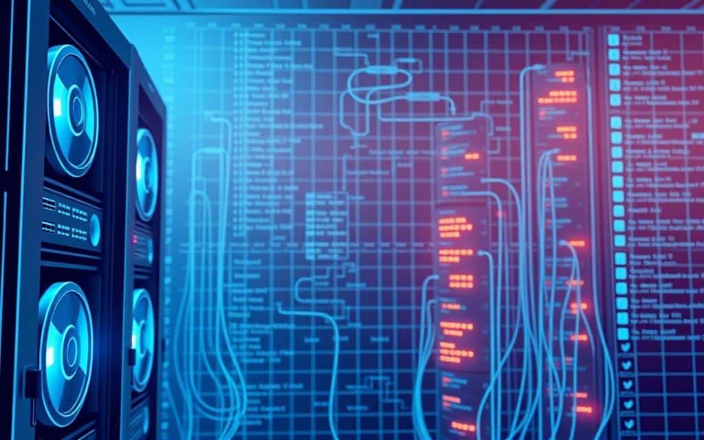A detailed illustration of read/write operations in a SQL database, captured in a crisp, technical style. The foreground depicts a server rack housing the database, with spinning disks and blinking lights. In the middle ground, data flows through cables, representing the exchange of information between the application and the database. The background features a gridded layout, conveying the structured organization of the database schema. The scene is illuminated by a cool, blue-tinted lighting, creating a serene, yet professional atmosphere. The overall composition emphasizes the precision and reliability of the database system.