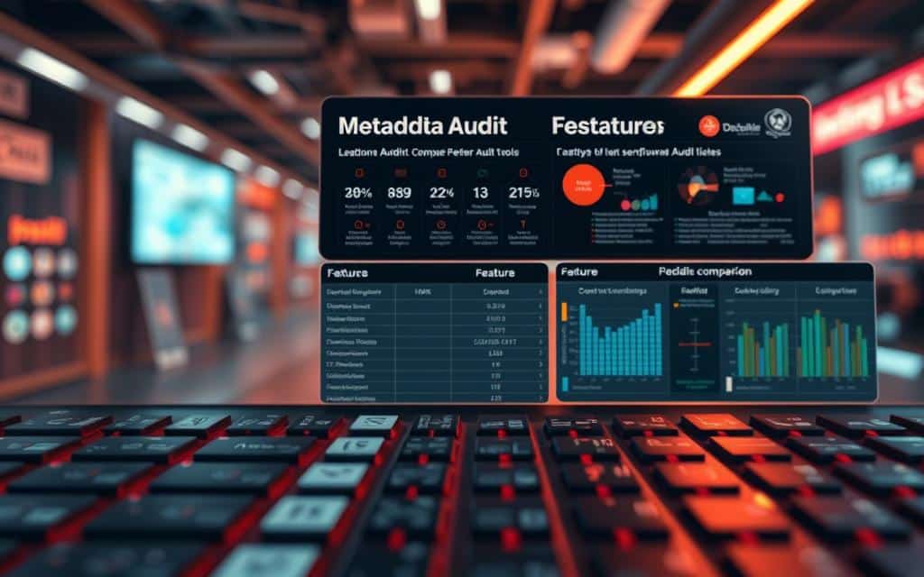 A high-quality comparison of leading metadata audit tools, showcased in a sleek, modern layout. The foreground features a clean grid of software logos and names, meticulously rendered. The middle ground displays detailed feature comparison charts, with crisp data visualizations and elegant typography. The background subtly fades into a soft, blurred environment, allowing the tools and data to take center stage. Warm, directional lighting accentuates the professional, authoritative mood, while a slight depth of field creates a sense of depth and focus. The overall composition is balanced, visually striking, and optimized to clearly illustrate the metadata audit tools for the article.