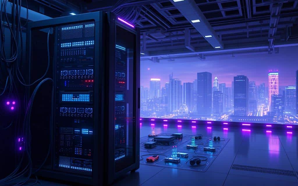 A high-tech server room, dimly lit with cool blue and purple hues, showcasing various IoT devices interconnected via sleek, glowing cables. In the foreground, a large, intricately detailed server rack stands as the centerpiece, its blinking lights and fans symbolizing the scalability and processing power required to handle the vast amounts of IoT data. In the middle ground, smaller IoT gadgets and sensors are arranged in a visually pleasing, symmetric pattern, representing the diverse and interconnected nature of the IoT ecosystem. The background features a futuristic cityscape, hinting at the ubiquity and widespread adoption of IoT technologies. The overall atmosphere conveys a sense of technological sophistication, efficiency, and the continuous need for scalable solutions to manage the explosive growth of IoT data. A high-tech server room, dimly lit with cool blue and purple hues, showcasing various IoT devices interconnected via sleek, glowing cables. In the foreground, a large, intricately detailed server rack stands as the centerpiece, its blinking lights and fans symbolizing the scalability and processing power required to handle the vast amounts of IoT data. In the middle ground, smaller IoT gadgets and sensors are arranged in a visually pleasing, symmetric pattern, representing the diverse and interconnected nature of the IoT ecosystem. The background features a futuristic cityscape, hinting at the ubiquity and widespread adoption of IoT technologies. The overall atmosphere conveys a sense of technological sophistication, efficiency, and the continuous need for scalable solutions to manage the explosive growth of IoT data.