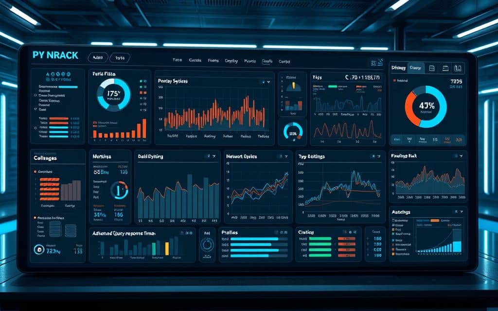 A highly detailed, futuristic dashboard display showing a comprehensive set of customizable monitoring widgets for real-time database performance metrics. The dashboard is sleek, minimalist, and intuitive, with a dark color scheme accentuated by bright, holographic-style visualizations. The foreground features an array of adjustable graphs, charts, and indicators tracking key parameters such as CPU/memory utilization, network activity, query response times, and error rates. The middle ground showcases advanced filtering and alert settings, while the background depicts a futuristic, high-tech control room environment with subtle lighting and reflective surfaces.