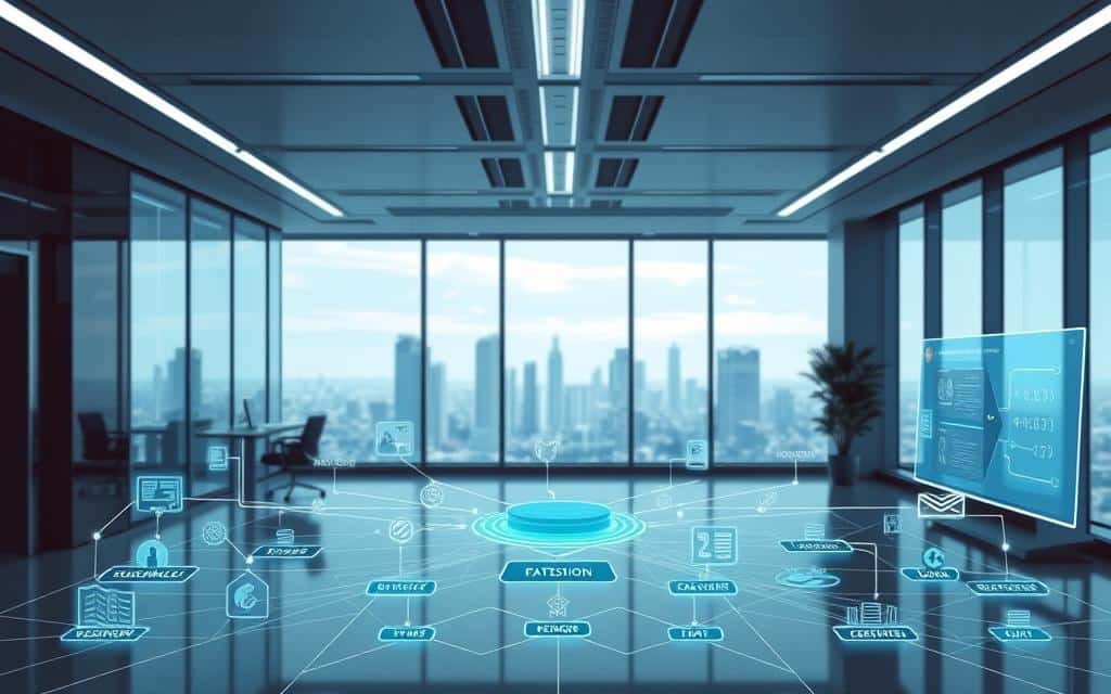 A meticulously designed data governance framework, depicted against a backdrop of a sleek, futuristic office space. The foreground showcases a holistic system of interconnected processes, policies, and roles, represented by geometric shapes and lines in a cool, minimalist color palette. The middle ground features elegant data visualization dashboards, highlighting the flow and management of critical information. In the background, a panoramic window reveals a cityscape, symbolizing the far-reaching impact of effective data governance. Soft, directional lighting casts a serene, professional atmosphere, emphasizing the importance of this strategic framework in driving data-driven decision-making.