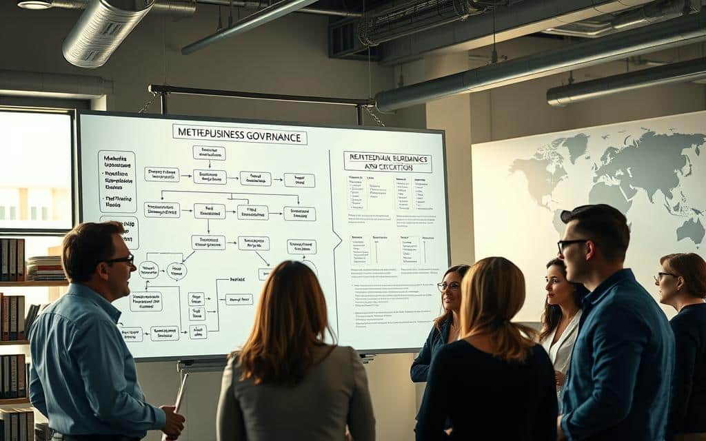 A modern office interior with a large white board displaying a data flow diagram. The diagram shows various data sources, metadata extraction, and data governance processes. In the foreground, a group of business executives are engaged in a lively discussion, their expressions conveying the importance of effective metadata governance. Soft, directional lighting from windows casts a warm glow, emphasizing the sense of collaboration and strategic decision-making. The background features shelves of reference materials and a high-resolution world map, hinting at the global scope of the metadata governance initiatives. The overall scene conveys the tangible business value of robust metadata management practices.