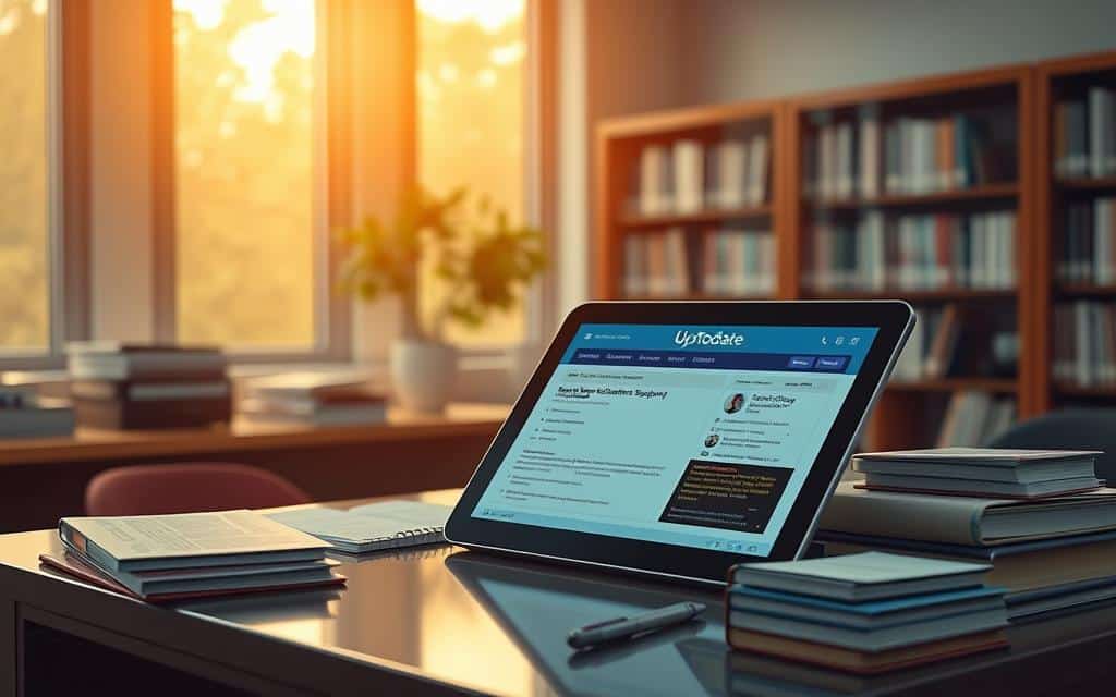 A serene and professional medical office, bathed in warm, natural lighting from large windows. On the desk, a high-tech tablet displays the UpToDate clinical decision support interface, its sleek design and intuitive layout clearly conveying the tool's advanced functionality. The tablet is surrounded by neatly arranged medical reference materials, creating an atmosphere of expertise and diligence. In the background, a bookshelf filled with medical journals and textbooks, further reinforcing the sense of a well-equipped, authoritative workspace dedicated to providing the best possible patient care.