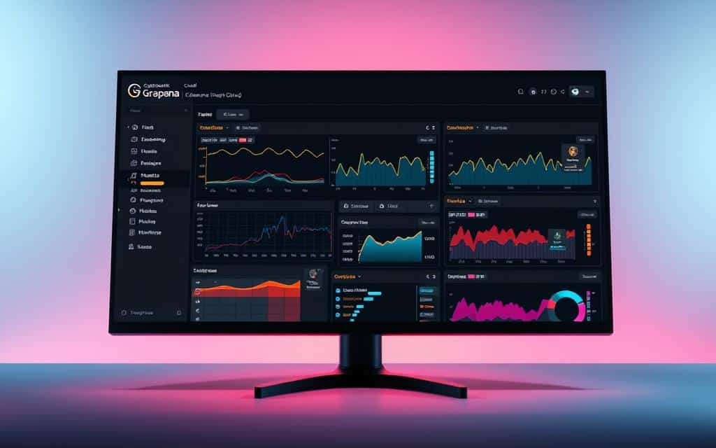 A sleek and modern Grafana Cloud dashboard interface, showcasing vibrant visualizations of real-time database metrics. The dashboard is displayed on a high-resolution monitor, with a warm, indirect lighting creating a subtle, professional atmosphere. The layout features various panel types, including line graphs, bar charts, and heatmaps, all seamlessly integrated to provide a comprehensive overview of database performance. The dashboard is positioned at a slight angle, allowing the viewer to appreciate the intricate details and clean, minimalist design. The background is a soft, muted gradient, emphasizing the focus on the data presentation.