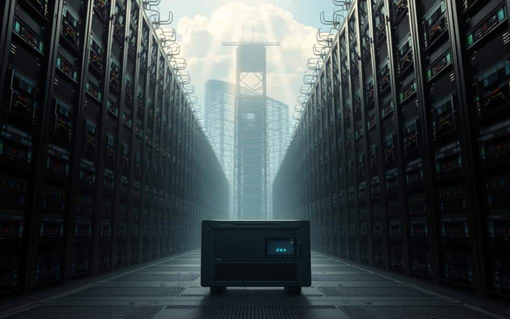 A vast, bustling data center represents the cloud, towering server racks and cables stretching into the distance. In the foreground, a compact, edge computing device stands resolute, its sleek design a contrast to the cloud's sprawling infrastructure. Subtle beams of light stream through the windows, illuminating the scene with a sense of technological prowess. The edge device exudes a sense of agility and responsiveness, ready to process and analyze data at the source, while the cloud looms large, symbolizing its role in storage and centralized processing. The composition creates a striking visual metaphor for the interplay between edge computing and cloud data storage, capturing the essence of the "IoT Tsunami" and the challenges of data volume overload. A vast, bustling data center represents the cloud, towering server racks and cables stretching into the distance. In the foreground, a compact, edge computing device stands resolute, its sleek design a contrast to the cloud's sprawling infrastructure. Subtle beams of light stream through the windows, illuminating the scene with a sense of technological prowess. The edge device exudes a sense of agility and responsiveness, ready to process and analyze data at the source, while the cloud looms large, symbolizing its role in storage and centralized processing. The composition creates a striking visual metaphor for the interplay between edge computing and cloud data storage, capturing the essence of the "IoT Tsunami" and the challenges of data volume overload.