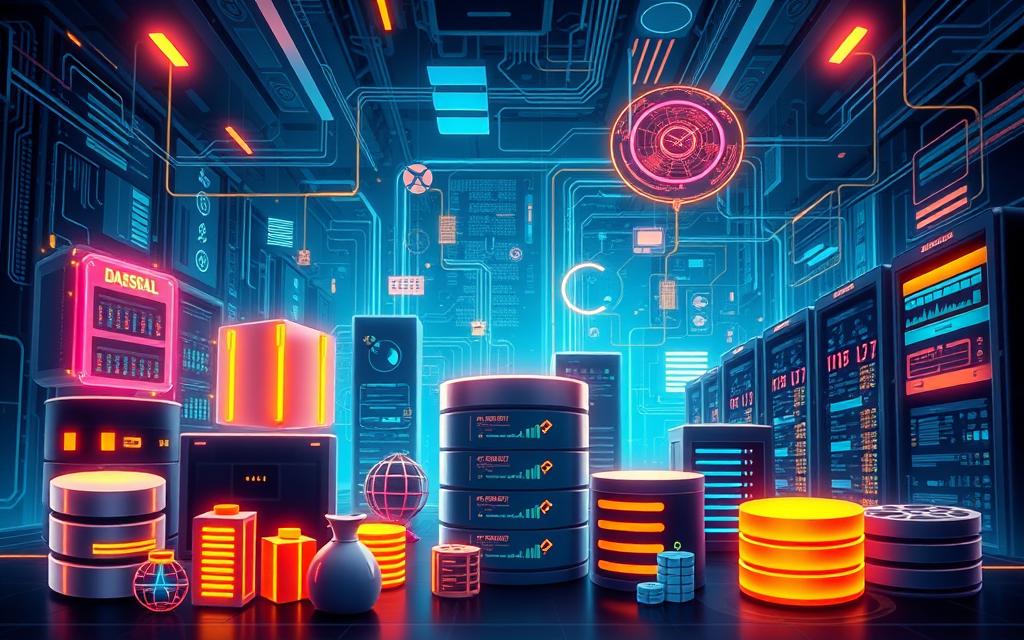 A vibrant and informative illustration showcasing the diverse types of databases. In the foreground, prominent database icons and symbols representing the key categories - relational, NoSQL, object-oriented, and more. In the middle ground, detailed visual representations of the unique data structures and querying capabilities of each database type. The background features an immersive digital landscape with intricate data flows, server racks, and a sense of scale to convey the interconnected nature of modern data management. Crisp lighting, a sleek color palette, and a sense of technical elegance bring the entire scene to life. The aim is to provide a comprehensive, visually engaging overview of the core database types and their distinct strengths. A vibrant and informative illustration showcasing the diverse types of databases. In the foreground, prominent database icons and symbols representing the key categories - relational, NoSQL, object-oriented, and more. In the middle ground, detailed visual representations of the unique data structures and querying capabilities of each database type. The background features an immersive digital landscape with intricate data flows, server racks, and a sense of scale to convey the interconnected nature of modern data management. Crisp lighting, a sleek color palette, and a sense of technical elegance bring the entire scene to life. The aim is to provide a comprehensive, visually engaging overview of the core database types and their distinct strengths.