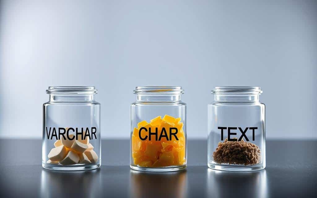 A well-lit, studio photograph showcasing a comparative visual display of various string data types commonly used in databases. In the foreground, crisp glass containers hold examples of these data types, such as VARCHAR, CHAR, and TEXT. The middle ground features a minimal, sleek backdrop, allowing the samples to be the focal point. Subtle shadows and highlights accentuate the textures and forms of the containers, creating a sense of depth and dimensionality. The overall mood is one of clarity, organization, and technical precision, reflecting the importance of understanding string data type nuances in database management. A well-lit, studio photograph showcasing a comparative visual display of various string data types commonly used in databases. In the foreground, crisp glass containers hold examples of these data types, such as VARCHAR, CHAR, and TEXT. The middle ground features a minimal, sleek backdrop, allowing the samples to be the focal point. Subtle shadows and highlights accentuate the textures and forms of the containers, creating a sense of depth and dimensionality. The overall mood is one of clarity, organization, and technical precision, reflecting the importance of understanding string data type nuances in database management.