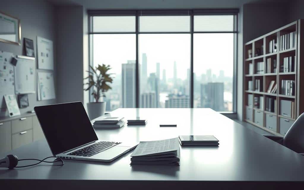 A well-organized office workspace with a modern, minimalist aesthetic. On the desk, a sleek laptop, a stack of paperwork, and a monitor displaying a calendar or scheduling software. The lighting is soft and diffused, creating a serene atmosphere. In the background, a neatly organized bookshelf and a large window overlooking a cityscape, adding depth and visual interest. The overall composition conveys a sense of efficiency, attention to detail, and a focus on the task at hand - conducting a metadata audit schedule.