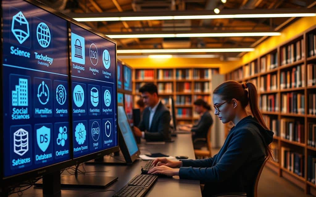 An academic library, illuminated by soft, warm lighting, showcases a variety of databases displayed on sleek, modern computer screens. In the foreground, icons and logos representing different academic disciplines - science, technology, humanities, and social sciences - are arranged in a visually appealing layout. The middle ground features researchers deeply engaged with their research, navigating through the databases with focused expressions. In the background, bookshelves line the walls, hinting at the breadth of knowledge contained within the library. The overall atmosphere conveys a sense of scholarly pursuit, intellectual discovery, and the vast resources available for academic research.