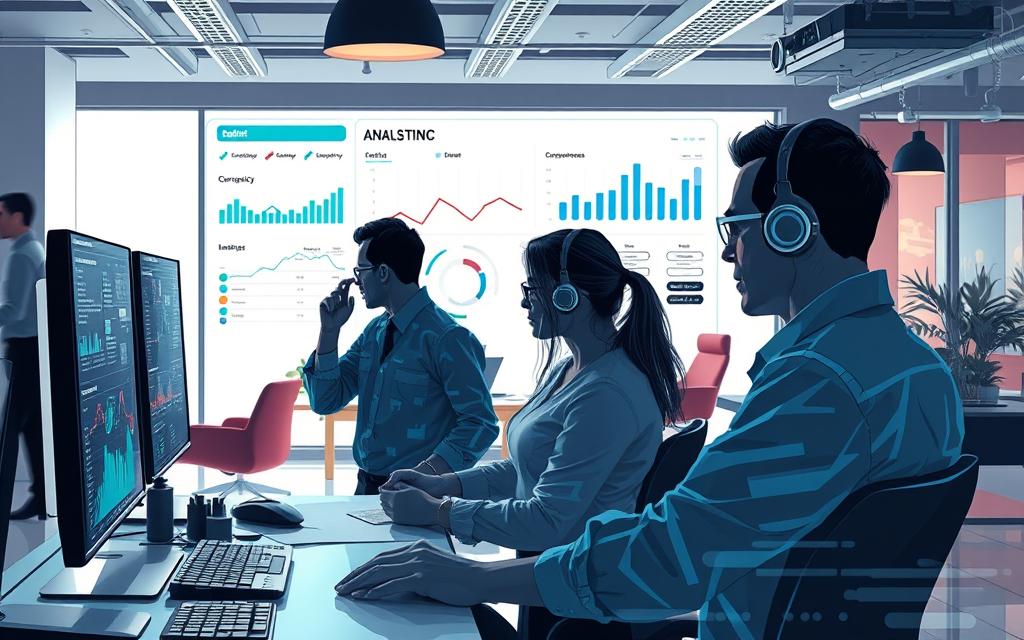 Detailed illustration of the benefits of improving data quality, showcased in a well-lit, clean and professional-looking office setting. In the foreground, a team of data analysts meticulously reviewing data on high-resolution displays, highlighting key insights. In the middle ground, a sleek dashboard displays visualizations of improved data accuracy, completeness and timeliness. The background features modern office furniture and decor, conveying a sense of productivity and progress. The overall mood is one of efficiency, collaboration and data-driven decision making.