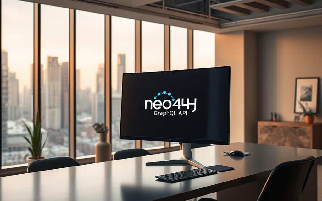 A clean, modern office interior with large windows overlooking a bustling city skyline. In the foreground, a sleek desk with a high-end computer setup, including a curved monitor displaying the Neo4j GraphQL API logo. The monitor is positioned at a slight angle, creating a sense of depth and professionalism. Subtle lighting from above casts a warm, productive glow over the scene. The background features minimalist decor, with a few carefully placed plants and artwork, conveying a sense of balance and creativity. The overall atmosphere is one of technological sophistication and innovative problem-solving. A clean, modern office interior with large windows overlooking a bustling city skyline. In the foreground, a sleek desk with a high-end computer setup, including a curved monitor displaying the Neo4j GraphQL API logo. The monitor is positioned at a slight angle, creating a sense of depth and professionalism. Subtle lighting from above casts a warm, productive glow over the scene. The background features minimalist decor, with a few carefully placed plants and artwork, conveying a sense of balance and creativity. The overall atmosphere is one of technological sophistication and innovative problem-solving.