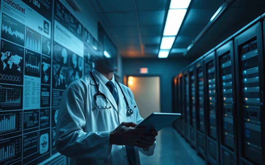 A dimly lit hospital room, the walls adorned with charts and graphs reflecting the intricate web of healthcare data. In the foreground, a doctor intently studying a tablet, navigating through a seamless digital interface that displays vital patient information. Soft, ambient lighting casts a warm glow, while the background subtly features rows of servers humming, representing the secure data infrastructure that powers this vital ecosystem. The scene conveys a sense of professionalism, efficiency, and the critical role that healthcare data management plays in saving lives behind the scenes. A dimly lit hospital room, the walls adorned with charts and graphs reflecting the intricate web of healthcare data. In the foreground, a doctor intently studying a tablet, navigating through a seamless digital interface that displays vital patient information. Soft, ambient lighting casts a warm glow, while the background subtly features rows of servers humming, representing the secure data infrastructure that powers this vital ecosystem. The scene conveys a sense of professionalism, efficiency, and the critical role that healthcare data management plays in saving lives behind the scenes.