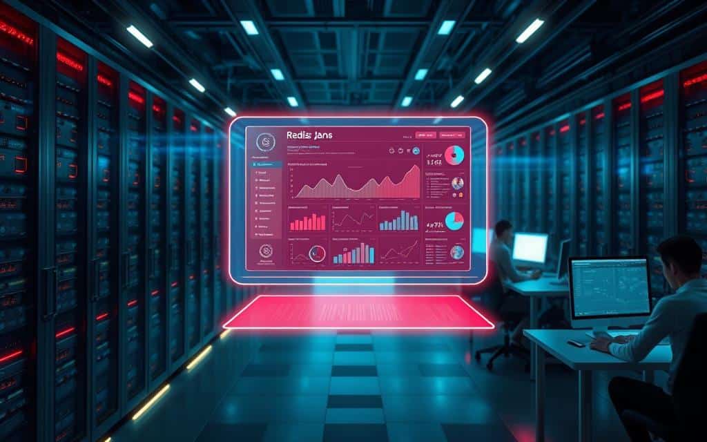 A futuristic data center with rows of gleaming servers, their LED lights pulsing in a rhythmic dance. In the foreground, a floating holographic display showcases a vibrant, interactive Redis JSON API dashboard, its visualizations and analytics charts rendering in real-time. The background is bathed in a cool, blue-tinted lighting, creating a sense of technological sophistication. Cutting-edge workstations line the periphery, where developers intently analyze performance metrics and fine-tune the API's configurations. The overall scene conveys the power, speed, and flexibility of the Redis JSON API, perfectly suited for boosting your project's data management capabilities. A futuristic data center with rows of gleaming servers, their LED lights pulsing in a rhythmic dance. In the foreground, a floating holographic display showcases a vibrant, interactive Redis JSON API dashboard, its visualizations and analytics charts rendering in real-time. The background is bathed in a cool, blue-tinted lighting, creating a sense of technological sophistication. Cutting-edge workstations line the periphery, where developers intently analyze performance metrics and fine-tune the API's configurations. The overall scene conveys the power, speed, and flexibility of the Redis JSON API, perfectly suited for boosting your project's data management capabilities.