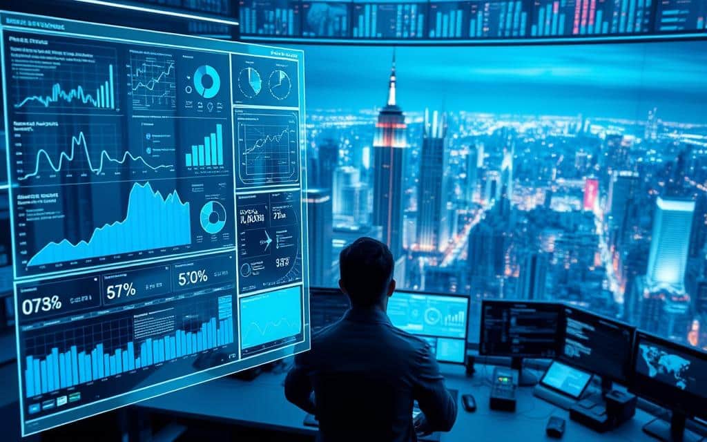 A futuristic data visualization dashboard, showcasing real-time analytics and insights. In the foreground, a holographic display projects dynamic charts, graphs, and data models, with a sleek and minimalist design. The middle ground features a team of analysts in a high-tech control room, their faces illuminated by the glow of various screens and interfaces. In the background, a panoramic view of a bustling city skyline, with towering skyscrapers and a vibrant, neon-lit nightscape. The scene is bathed in a cool, blue-tinted lighting, creating a sense of technological sophistication and rapid decision-making.