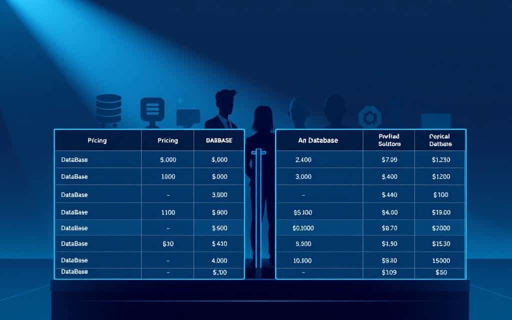 A high-contrast, crisp digital illustration depicting a side-by-side cost comparison of popular database solutions. In the foreground, a clean tabular layout showcases detailed pricing breakdowns, with intuitive icons and clear labels. The middle ground features various database logos and silhouettes, subtly implying the diverse options available. The background is a minimalist, tech-inspired gradient, maintaining focus on the comparative data. Subtle lighting from the top-left casts an authoritative, analytical tone, while a shallow depth of field directs the viewer's attention to the central cost analysis. A high-contrast, crisp digital illustration depicting a side-by-side cost comparison of popular database solutions. In the foreground, a clean tabular layout showcases detailed pricing breakdowns, with intuitive icons and clear labels. The middle ground features various database logos and silhouettes, subtly implying the diverse options available. The background is a minimalist, tech-inspired gradient, maintaining focus on the comparative data. Subtle lighting from the top-left casts an authoritative, analytical tone, while a shallow depth of field directs the viewer's attention to the central cost analysis.