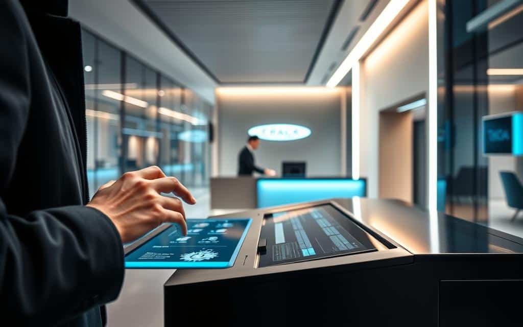 A secure banking transaction taking place in a sleek, modern banking hall. The foreground shows a customer's hands interacting with a touchscreen interface, their movements precise and focused. The middle ground features a teller's desk, manned by a professional-looking bank employee assisting the customer. The background showcases the minimalist, glass-and-steel architecture of the banking space, with subtle lighting accents highlighting the clean, efficient design. The overall atmosphere conveys a sense of trust, reliability, and the importance of safeguarding every financial transaction. A secure banking transaction taking place in a sleek, modern banking hall. The foreground shows a customer's hands interacting with a touchscreen interface, their movements precise and focused. The middle ground features a teller's desk, manned by a professional-looking bank employee assisting the customer. The background showcases the minimalist, glass-and-steel architecture of the banking space, with subtle lighting accents highlighting the clean, efficient design. The overall atmosphere conveys a sense of trust, reliability, and the importance of safeguarding every financial transaction.