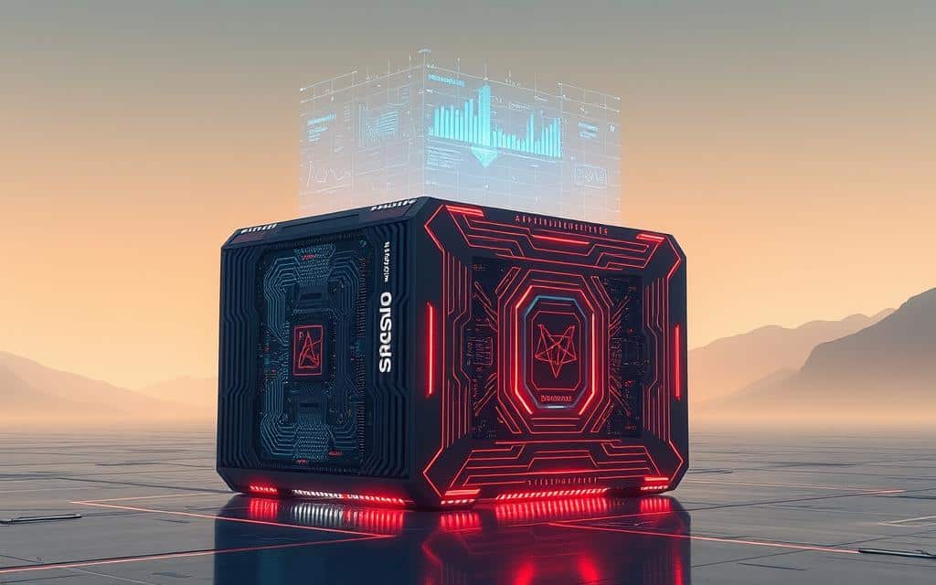 A serene futuristic landscape, where a sleek quantum computer stands as the centerpiece, its intricate circuits pulsing with an ethereal glow. Hovering above it, an advanced AI system seamlessly integrates with the quantum hardware, represented by a holographic display showcasing complex data visualizations. The background is a stunning, minimalist environment, bathed in a soft, ambient lighting that creates a sense of technological wonder and innovation. The overall composition conveys the synergistic potential of quantum computing and AI, poised to revolutionize the way we manage and extract insights from vast databases.