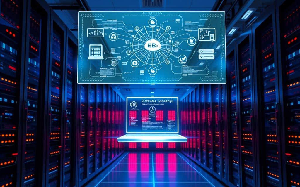 A sleek, modern datacenter with rows of gleaming server racks, their LED status lights blinking in a rhythmic dance. In the foreground, a holographic control panel hovers, displaying real-time performance metrics and automated configuration tools. Soft blue ambient lighting casts an atmospheric glow, while overhead, a large transparent display shows a complex network diagram, visualizing the seamless integration of database management systems, cloud orchestration, and AI-driven optimization algorithms. The scene conveys a sense of technological sophistication and efficiency, hinting at the future of database automation.