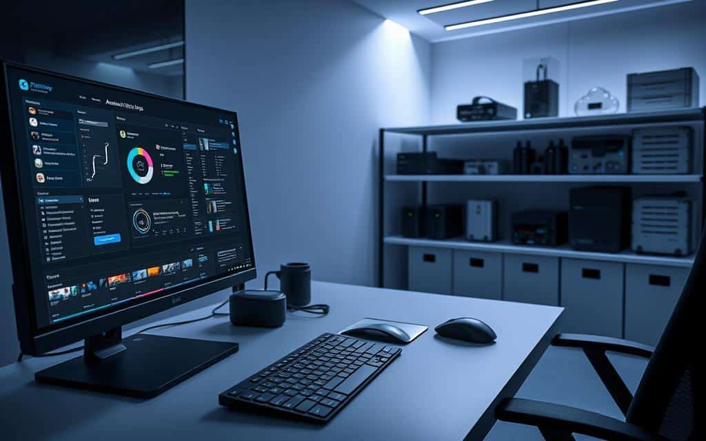 A sleek, modern office workspace with an array of digital devices and tools for automated metadata tagging. In the foreground, a high-resolution monitor displays a user interface with intuitive controls and visualizations for tagging and organizing digital assets. In the middle ground, a minimalist keyboard and mouse sit atop a clean, uncluttered desk, surrounded by a neutral color palette and indirect lighting that creates a calm, focused atmosphere. In the background, shelves hold various external hard drives and cloud storage solutions, symbolizing the secure data management capabilities of the automated tagging tools. The scene conveys efficiency, productivity, and the power of technology to streamline metadata organization for digital content. A sleek, modern office workspace with an array of digital devices and tools for automated metadata tagging. In the foreground, a high-resolution monitor displays a user interface with intuitive controls and visualizations for tagging and organizing digital assets. In the middle ground, a minimalist keyboard and mouse sit atop a clean, uncluttered desk, surrounded by a neutral color palette and indirect lighting that creates a calm, focused atmosphere. In the background, shelves hold various external hard drives and cloud storage solutions, symbolizing the secure data management capabilities of the automated tagging tools. The scene conveys efficiency, productivity, and the power of technology to streamline metadata organization for digital content.