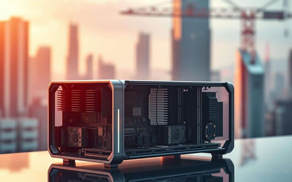 A state-of-the-art embedded system in a sleek, minimalist housing, its intricate circuitry and heat sinks visible through a transparent casing. The device is bathed in a warm, diffused light, casting soft shadows that highlight its angular, precision-engineered design. In the background, a blurred landscape of skyscrapers and high-tech infrastructure, conveying the cutting-edge nature of the technology. The overall mood is one of advanced engineering, efficiency, and the seamless integration of hardware and software that defines the world of high-performance embedded systems. A state-of-the-art embedded system in a sleek, minimalist housing, its intricate circuitry and heat sinks visible through a transparent casing. The device is bathed in a warm, diffused light, casting soft shadows that highlight its angular, precision-engineered design. In the background, a blurred landscape of skyscrapers and high-tech infrastructure, conveying the cutting-edge nature of the technology. The overall mood is one of advanced engineering, efficiency, and the seamless integration of hardware and software that defines the world of high-performance embedded systems.