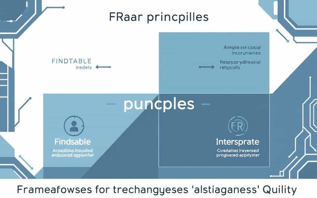 A stylized and minimalist illustration of the FAIR principles framework, showcasing the four key principles - Findable, Accessible, Interoperable, and Reusable. The layout features a clean, geometric arrangement with simple shapes and lines, reflecting the structured nature of the framework. The color palette is muted and professional, using subtle tones of blue, gray, and white to convey a sense of clarity and organization. The overall composition is balanced and visually appealing, making it an effective visual aid for the "Frameworks for Measuring Metadata Quality" section of the article. A stylized and minimalist illustration of the FAIR principles framework, showcasing the four key principles - Findable, Accessible, Interoperable, and Reusable. The layout features a clean, geometric arrangement with simple shapes and lines, reflecting the structured nature of the framework. The color palette is muted and professional, using subtle tones of blue, gray, and white to convey a sense of clarity and organization. The overall composition is balanced and visually appealing, making it an effective visual aid for the "Frameworks for Measuring Metadata Quality" section of the article.
