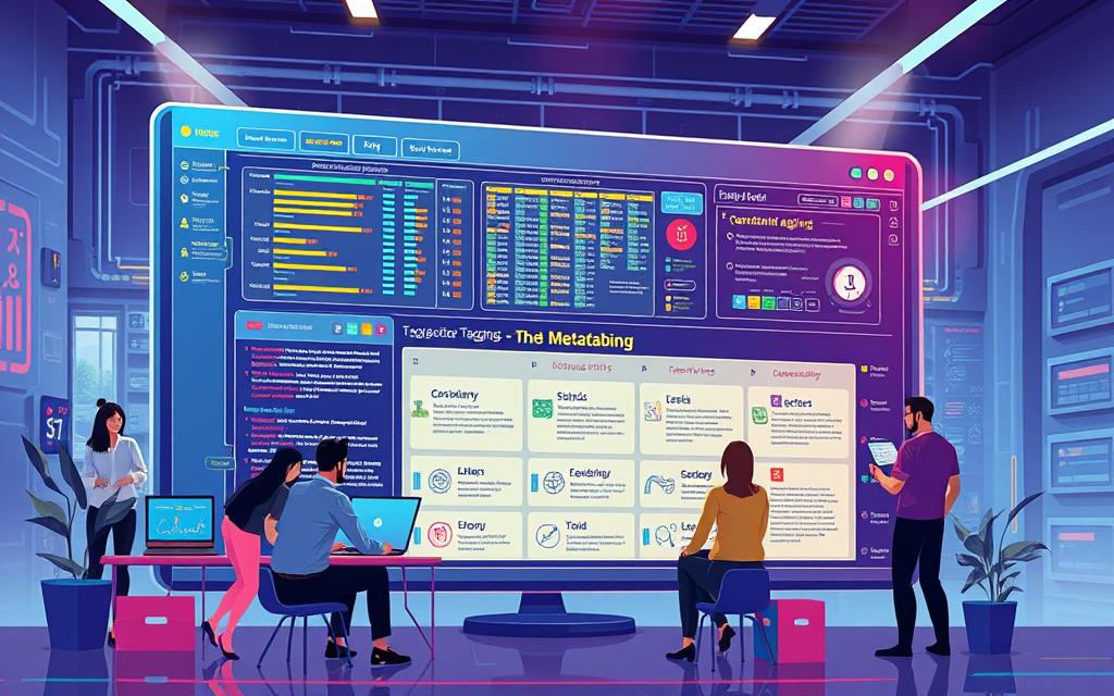 A vibrant, dynamic illustration showcasing metadata tagging best practices. The foreground features a diverse group of people collaboratively working on a large virtual dashboard, meticulously organizing and categorizing data using intuitive tagging tools. The middle ground showcases a detailed infographic outlining key principles for effective metadata management, such as consistency, granularity, and discoverability. The background depicts a technologically advanced, futuristic workspace with sleek, minimalist design elements and subtle lighting that creates a sense of professionalism and efficiency. The overall composition conveys the importance of thoughtful, standardized metadata tagging for optimizing dataset organization and accessibility. A vibrant, dynamic illustration showcasing metadata tagging best practices. The foreground features a diverse group of people collaboratively working on a large virtual dashboard, meticulously organizing and categorizing data using intuitive tagging tools. The middle ground showcases a detailed infographic outlining key principles for effective metadata management, such as consistency, granularity, and discoverability. The background depicts a technologically advanced, futuristic workspace with sleek, minimalist design elements and subtle lighting that creates a sense of professionalism and efficiency. The overall composition conveys the importance of thoughtful, standardized metadata tagging for optimizing dataset organization and accessibility.
