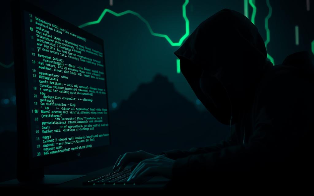 A dark and ominous scene of a computer screen displaying lines of malicious SQL code, cascading against a backdrop of a shadowy digital landscape. Glowing neon-green symbols and data streams weave through the frame, casting an eerie glow. In the foreground, a hooded figure's hands are poised over the keyboard, their face obscured, exuding a sense of calculated intent. The lighting is moody and dramatic, with dramatic shadows and highlights emphasizing the clandestine nature of the attack. The overall atmosphere conveys the stealthy and dangerous nature of SQL injection, a vulnerability that can be exploited to infiltrate and compromise secure databases.